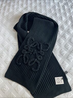 NWT LOEWE cashmere silk black scarf w embroidered logo
